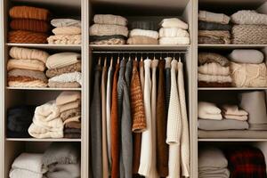 AI generated Closet with sweaters and jackets and coats on hangers. Organization of space in the closet photo