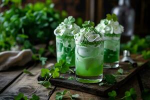 AI generated St. Patrick's Day green drink with whipped cream and clover leaves. photo