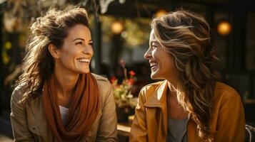 ai generado dos contento de edad mediana hembra amigos teniendo un conversacion a un al aire libre cafetería. generativo ai. foto