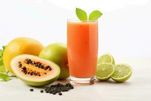 AI generated Vibrant Papaya and Lime Juice in a Glass on White Background photo