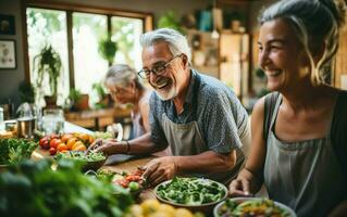 ai generado mayor preparando vegano platos a hogar foto