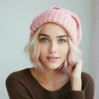 ai generado un hermosa joven mujer con rosado pelo vistiendo un rosado sombrero foto