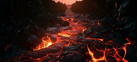 AI generated a lava flow is flowing through a dark tunnel photo