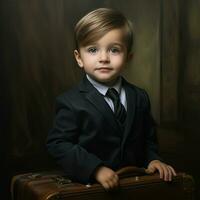 ai generado un joven chico en un traje y Corbata posando con un maleta foto