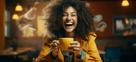 ai generado un mujer con Rizado pelo es sonriente mientras participación un café taza foto
