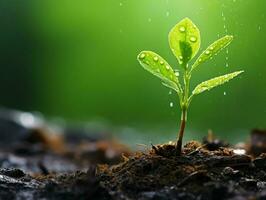 ai generado un joven planta coles desde el suelo en el lluvia foto