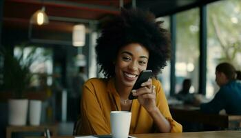 ai generado un mujer sonrisas mientras utilizando su célula teléfono foto