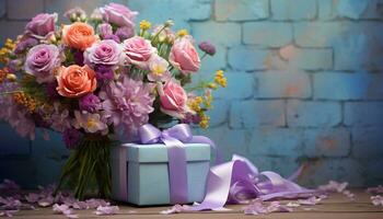 AI generated bouquet of flowers and gift box on wooden table photo