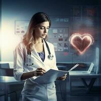 ai generado un hembra médico participación un pedazo de papel con un corazón forma en eso foto