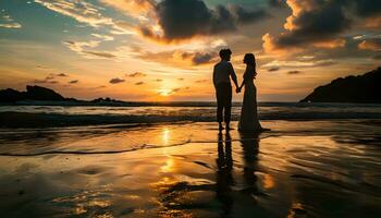 AI generated silhouette of married couple on the beach photo