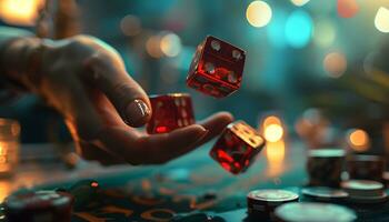 AI generated hand throws dice in casino background photo