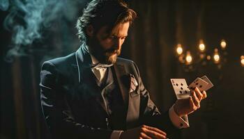 ai generado masculino mago en traje con jugando tarjetas en mano ejecutando en etapa foto