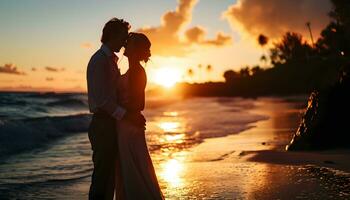 AI generated silhouette of married couple on the beach photo