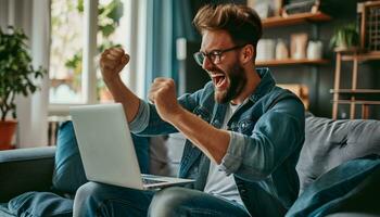 AI generated Happy man using laptop on sofa photo