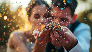 AI generated newlyweds blowing colorful confetti photo