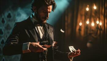 AI generated male magician in suit with playing cards in hand performing on stage photo