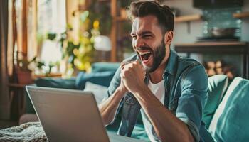 AI generated Happy man using laptop on sofa photo