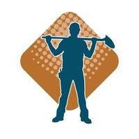 Silhouette of a worker carrying shovel tool. Silhouette of a worker in action pose using shovel tool. vector