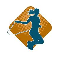 Silhouette of a slim sporty woman doing jump rope workout. vector