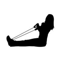 Silhouette of a sporty woman at gym workout using pull rope. Fitness exercise cords pull rope stretch resistance training. vector