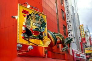 Osaka City, Japan, 2019 - Interesting Chinese restaurant sign in Chinese dragon shape at Shinsekai area. Shinsekai area is one of tourist popular destination in Osaka city. photo