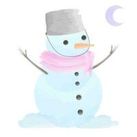 Illustration of snowman wearing red scarf and bucket hat with watercolor style for winter vector