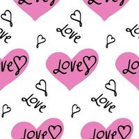 Stylish graphic seamless pattern with pink hearts and word love. Background vector