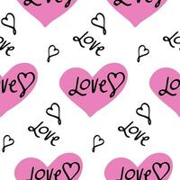 Stylish graphic seamless pattern with pink hearts and word love. Background vector