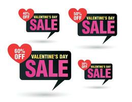 Valentines day sale tag black speech bubble set. Sale 30, 40, 50, 60 off discount vector