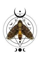 Mystical death head moth in dark brown colors. Cresent moon and wiccan triple goddess, butterfly with a skull. Sacred geometry. Alchemy, magic, esoteric, occult sign isolated on white background vector