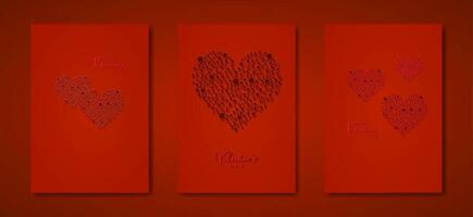 Happy Valentines day vector set greeting card. Red dots hearts on red background. Holiday poster with text, jewels. Concept for Valentines banner, flyer, party invitation, jewelry gift shop