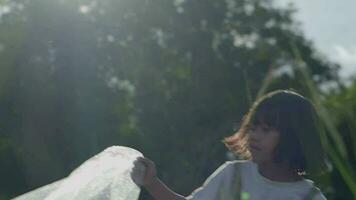 Child girl collecting plastic on green lawn. video