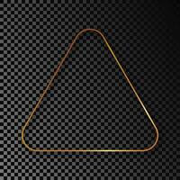 Gold glowing rounded triangle frame with shadow isolated on dark background. Shiny frame with glowing effects. Vector illustration.