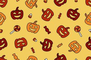 Smiling pumpkins, candy and lollipops in a seamless pattern on a yellow background. Cute Pattern for Halloween. vector