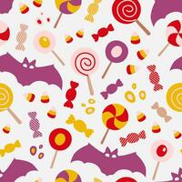 Bat, sweets and candy. Bright seamless Halloween pattern with holiday objects. Doodle vector