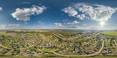aerial hdri 360 panorama view over provincial town from great height in equirectangular seamless spherical  projection. may use like sky replacement for drone 360 panorama photo