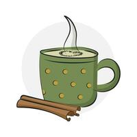 An isolated illustration of a cup of hot coffee with cinnamon sticks. Coffee with cinnamon heart vector