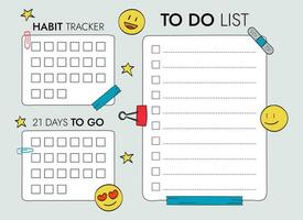 To do list for goals and habit trackers, 21 days, templates. Scrapbooking elements - emoji, tape, paper clips vector