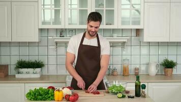 veganistisch Koken, mannetje chef, gezond aan het eten, voedsel levering. een Mens in een schort bezuinigingen tomaten voor een veganistisch salade video