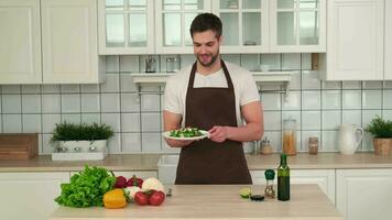 vegan Kochen, männlich Koch, gesund Essen, Essen Lieferung. ein attraktiv Mann demonstriert ein gekocht vegan Salat während zeigen ein Tasse. video