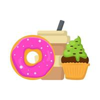 donut, cup drink with cupcake illustration vector