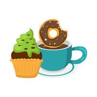 donut bite, coffee drink with cupcake illustration vector