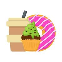 donut glazed, cup ckae with cup drink illustration vector