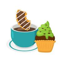 donut bite, coffee drinkwith cupcake illustration vector