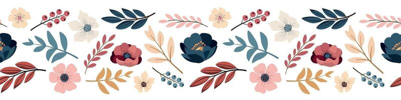 Spring romantic flowers, leaves, and berries seamless border pattern. Isolated on white background. Colorful garden flowers. Design for banner vector