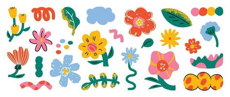 Set of abstract retro organic shapes vector. Collection of contemporary figure, flower, cloud, foliage in funky groovy style. Cute hippie design element perfect for banner, print, stickers. vector