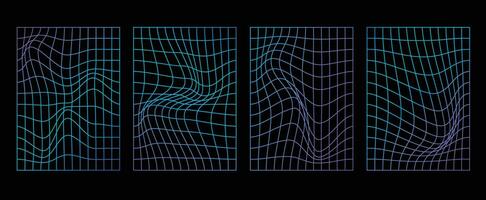 Collection of futuristic cyberpunk style elements. Geometric wireframe of square, distortion, grid with purple, blue color. Retro graphic on black background for decoration, business, cover, poster. vector