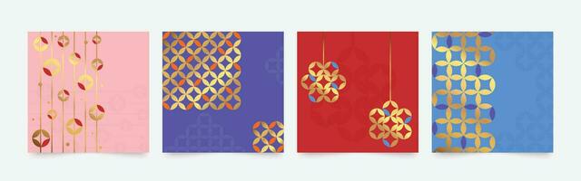 Chinese New Year square cover background vector. Year of the dragon design with oriental pattern, coin, sparkle. Modern oriental illustration for cover, banner, website, social media. vector