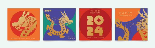 Chinese New Year square cover background vector. Year of the dragon design with golden dragon, colorful circle. Modern oriental illustration for cover, banner, website, social media, card, poster. vector