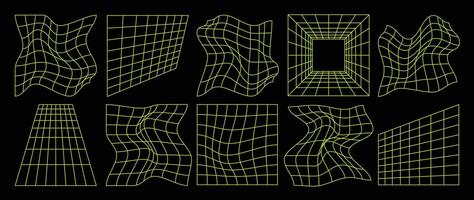 Collection of futuristic cyberpunk style elements. Geometric wireframe of square, distortion, grid with neon green color. Retro graphic on black background for decoration, business, cover, poster. vector